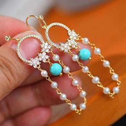 Charm Fashion court style fringed Eardrop Diamond inlay pearls turquoise earrings for women New in Fresh romanticwedding jewelry Z0323