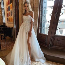 Party Dresses Sevintage Boho Wedding Crystal Beading Off the Shoulder Lace Appliques A Line Gown Sweetheart Bridal 230322