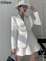 Two Piece Dress Spring Fall Women 2 Skirt Set Ladies Tweed Wool Blazer Sets Ruffles Single Breasted Jacket Coat Mini Suit