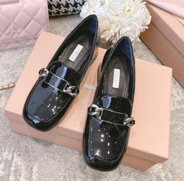 Miui Leather Chain Loafers Women's Shoes Thick-heeled High-heeled Women's Mid-heeled Round-headed Comfortable Women's Casual Patent Work Shoes Shzd