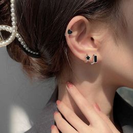 Charm Real 925 Sterling Silver Black Enamel Square Huggies Hoop Earrings For Women Punk Fine Jewelry Accessories Drop Shipping Z0323