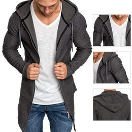 Men's Jackets Men's Coat Solid Color Slim Casual Long Spring Cardigan Jacket Zipper Thin Long Sleeve Hooded Windbreaker Coat for Autumn Winter 230322