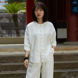 Women's Blouses Women Loose Linen Shirt Ladies Solid Color Chinese Style Female 2023 Vintage Flax Tops