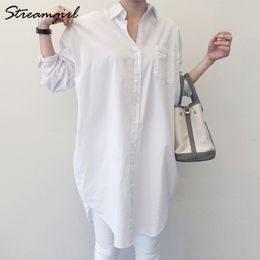 Women's Blouses Shirts Streamgirl Women's Tunic White Shirt Oversize Woman Loose Long Sleeve Boyfriend Korean Clothes Women Office Blouse Shirt White 230323