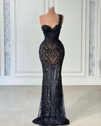 Sexy Mermaid Evening Dresses Sleeveless V Neck One Shoulder Beaded Appliques Sequins 3D Lace Hollow Floor Length Prom Dress Formal Gowns Plus Size Gowns Party Dress