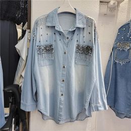 Women's Blouses 2023 Spring Summer Jean Blouse Heavy Industry Light Diamond Denim Shirt Women's Loose Washed Jeans Coat Blusas Tops