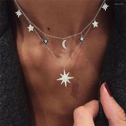 Pendant Necklaces Boho Fashion Crystal Sun Moon Stars For Women Vintage Gold Color Necklace Multilayer Female Jewelry Gift