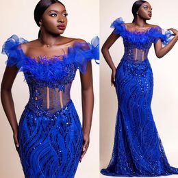 Ebi Arabic Aso Royal Blue Prom Dresses Mermaid Sequined Lace Crystals Evening Formal Party Second Reception Birthday Engagement Bridesmaid Gowns Dress