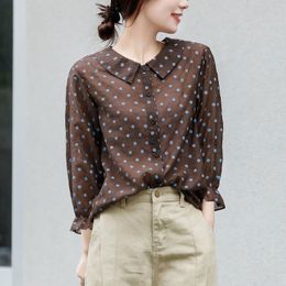 Women's Blouses Shirts Spring Autumn Korea Fashion Women 3/4 Sleeve Polka Dot Print Loose Shirts Sweet Cute Peter Pan Collar Blouses Tops V56 230323