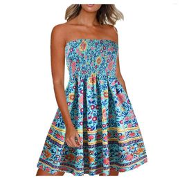 Casual Dresses Bohemian Women Summer Dress Floral Print A-line Strapless Vintage Off Shoulder Flowy Swing Shift Mini 2023