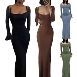 Casual Dresses Sexy Fall Spring Long Sleeve Dress for Women Spaghetti Strap Backless Cami Dresses Cocktail Evening Party Long Dress P230322