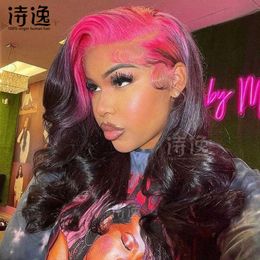 Hot pink roots black Colour 13*4 Lace Front human Hair wigs 230323