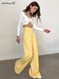 Women's Pants Capris Mnealways18 Elegant Yellow Formal Trousers Women High Waisted Wide Leg Pants Female Office Work Spring Long Pants Solid Pockets 230323