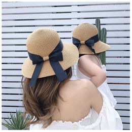 Caps Hats 2022 Mother Kids Straw Hat Baby Girl Big Bow Beach Cap Big Brim Summer Sun Hat Adult Sun Hat Women Bucket Hat Panama Caps P230323