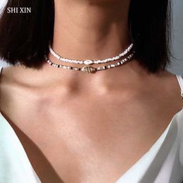 Pendant Necklaces SHIXIN Separable 2 Layered WhiteBlack Beads Necklaces Korean Small Beaded Conch Shell Choker Necklace for Women Fashion Collar Z0321