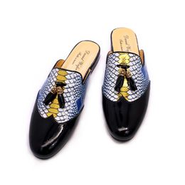 Slippers Genuine Leather Mens Half Blue Luxury Flat Mules Pointed Toe Python Pattern Tassel Comfortable Casual Mens