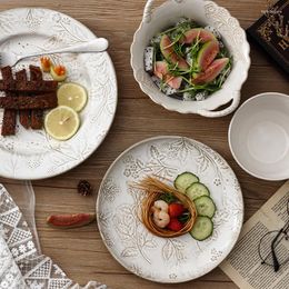 Plates Retro Embossed Country Style Ceramic Dinner Plate Tableware Western Fruit Salad Binaural Bowl White Dinnerware