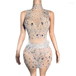 Stage Wear Women Sexy Mesh See Through Sleeveless Short Dress Sparkly Rhinestones Feather Nightclub Prom Party Birthday Dance