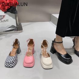 Dress Shoes SUOJIALUN Spring Brand Women Sandal Shoes Fashion Round Toe Close Toe Ankel Strap Mules Square High heel Dress Pumps 230323