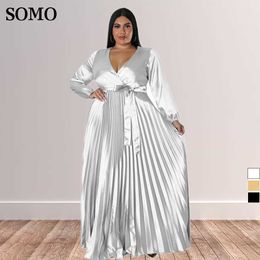 Abiti taglie forti Somo Elegante tinta unita pieghettata Donna Sexy scollo a V Abiti autunnali Maxi abito lungo Dropshipping all'ingrosso 230307