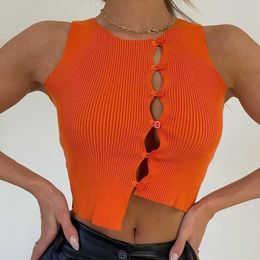 Women's Tanks Camis 2022 Summer Knitted Crop Top Beveled Buttons Strap Tank Top Female Solid Color Orange Y2K Bustier Top Corset Women's Clothing P230322