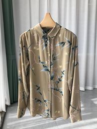 Women's Blouses Women Shirt Khaki Bamboo Leaf Printing Commuter Loose Sandwashed Silk Long Sleeve