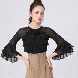 Stage Wear Modern Dance Practice Clothes Lotus Leaf Lace Trumpet Sleeves Slim Black Tops Latin For Women DN10155