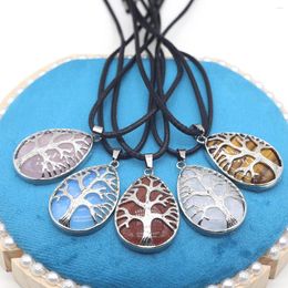 Pendant Necklaces Natural Green Aventurines Necklace Tree Of Life Rose Quartzs For Women Nen Leather Rope Chain Jewelry