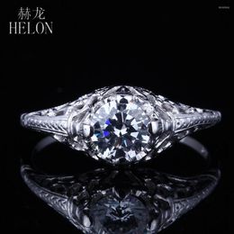 Cluster Rings HELON Sterling Silver 925 Round Cut 5.5mm 0.6ct Moissanites Diamond Engagement Fine Ring Women Vintage Antique Wedding Jewellery