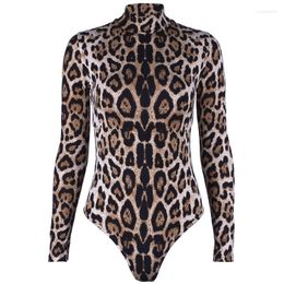 Women's Shapers Turtleneck Long-sleeved Tights Leopard-print Jumpsuit With One-piece Body Shaper At The Bottom