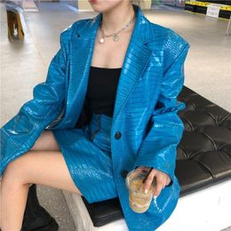 Women's Suits Women Blue Pu Leather Oversized Blazer Lapel Long Sleeve Loose Fit Coat Fashion Tide Spring Autumn 2023 High Quality