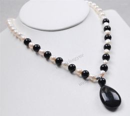 Chains 7-8mm Natural White Akoya Pearl/Black Rich Agate Pendant(20X30MM) Necklace 18"