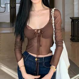 Women's Tanks Xingqing Brown Crop Top Y2k Aesthetic Women See Through Solid Color Lace Up Long Sleeve Mesh T Shirt 2000s Clothing Streetwear