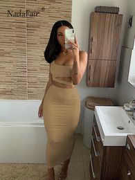 Casual Dresses Nadafair Bandage Off Shoulder Women Midi Bodycon Dress Sexy Club Black Khaki White Party Summer Dress Female Two Piece Set P230322