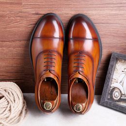 Dress Shoes Goods Mens Fashion Style Mens Top Layer Cow Leather Gradient Vamp Gentlemans Three Joint Lace Up