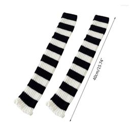 Women Socks Lolita Punk Black White Striped Ribbed Knit Knee High