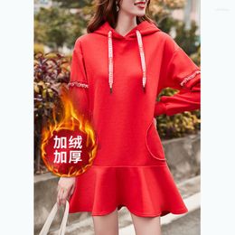 Casual Dresses Sport Korean Style Add Velvet Thickening Women Winter Students Hooded Long-Sleeve Dress Loose Pullover Red Cute Vestidos