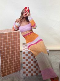 Casual Dresses Y2K Knit Long Dress Women Contrast Colour Long Sleeve Bodycon Dress Summer Fall Casual Sexy Bohemian Dresses Female P230322