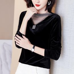 Women's T Shirts 2023 Autumn Winter Women Tops Tees Office Lady Blusas Velvet Drill Hollow Out Long Sleeve Vintage Elegant Casual