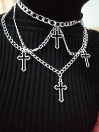 Pendant Necklaces Punk Geometric Silver Colour Chain Hollow Cross For Women Trendy Statement Metal Hip Hop Jewellery Necklace