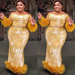 Ebi Gold Aso Aso Gheath Prom Dresses Feather Feather Enclisted Lace Aseval Party Second Sneft Onversion Orvidation Dression Dress