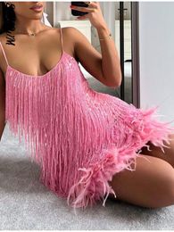 Casual Dresses Sexy Women's Fringed Sequin Feather Stitching Dress Summer Slim V-Neck Off Shoulder Dresses Female Backless Slip Mini Robe 230322