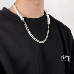 Pendant Necklaces Hip-Hop Imitation Pearl Stitching Chain Stainless Steel Cuba Link Punk Necklace For Men Him Cool Jewellery