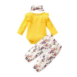 Baby Blumenkleidung Sets Feste Farbe Langarm Rompers Säugling Rüschen Onesies Kleinkind Girls Elastic Blumendruckhose Stirnbänder Ropa Bebe