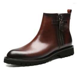 Boots Fashion Black / Brown Round Toe Platform Shoes Mens Motorcycle Genuine Leather Male Ankle