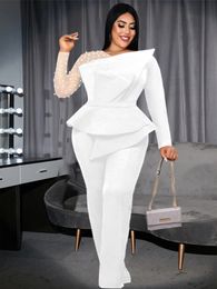 Women's Jumpsuits Rompers Big Size Women Dressy Jumpsuit Vintage Beaded Patchwork Romper Long Sleeve Straight Wide Leg Elegant Party Birthday Evening 4XL 230323