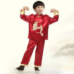 Ethnic Clothing Satin Children Chinese Traditional Tang Suit Long Sleeve Casual Kong Fu Boy Vintage Mandarin Collar Shirt&PantsEthnic