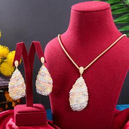 Necklace Earrings Set Missvikki Luxury Earring Sets Cubic Zircon Big Water Drop Jewelry For Women Wedding 3 Tone Dubai Bridal