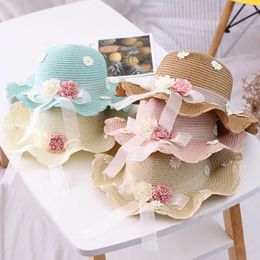 Caps Hats Kids Girls Wide Brim Straw Woven Sun Protection Beach Hat White Flower Decorate Summer Floppy Bucket Cap Portable Handbag P230323