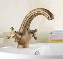 Bathroom Sink Faucets Antique Brass Single Hole Deck Mounted Dual Cross Handles Vessel Basin Faucet Mixer Water Taps Mnf026
